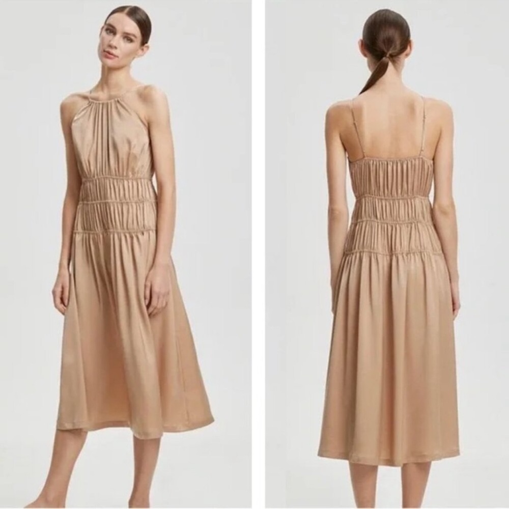 Women's Midi Halter Shirred Waist Dress - Beige